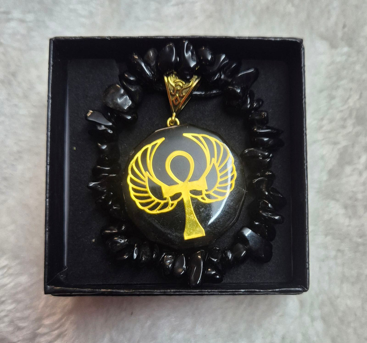 Winged Ankh Black Crystal Pendant & Chip Bracelet Gift Set
