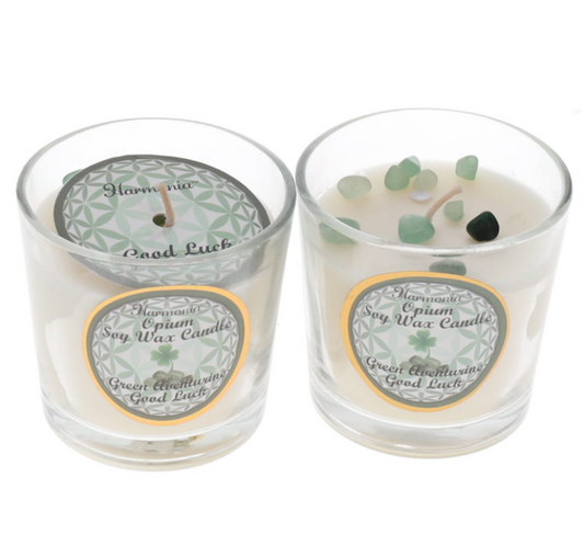 CRYSTAL SAND CANDLE - Good Luck Green Aventurine Opium Scented Votive