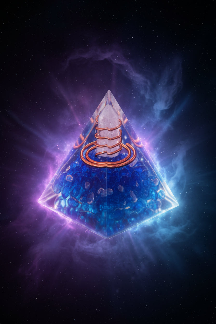 Blue Orgonite Generator Pyramid with Clear Quartz and Copper Spiral Generator