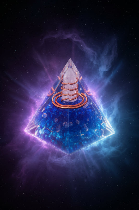 Blue Orgonite Generator Pyramid with Clear Quartz and Copper Spiral Generator