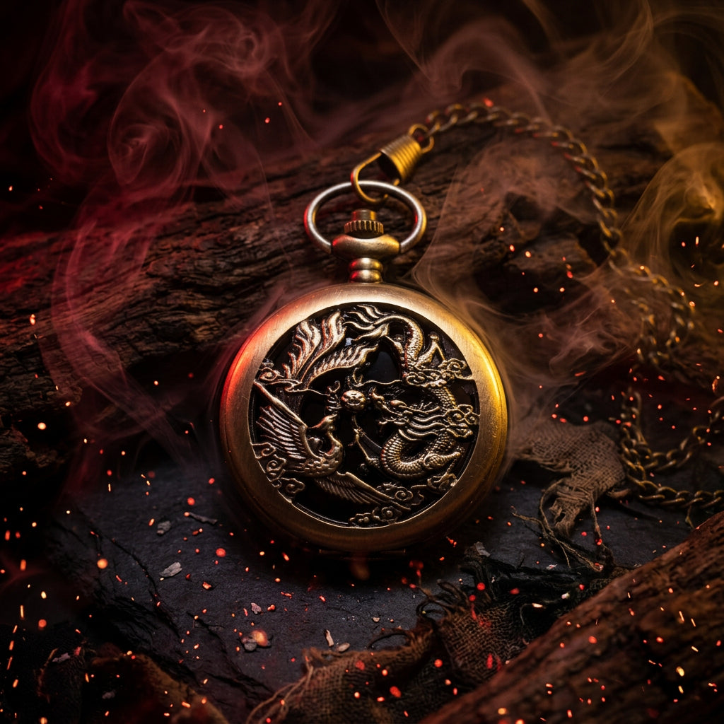 Vintage Dragon & Phoenix Pocket Watch Necklace