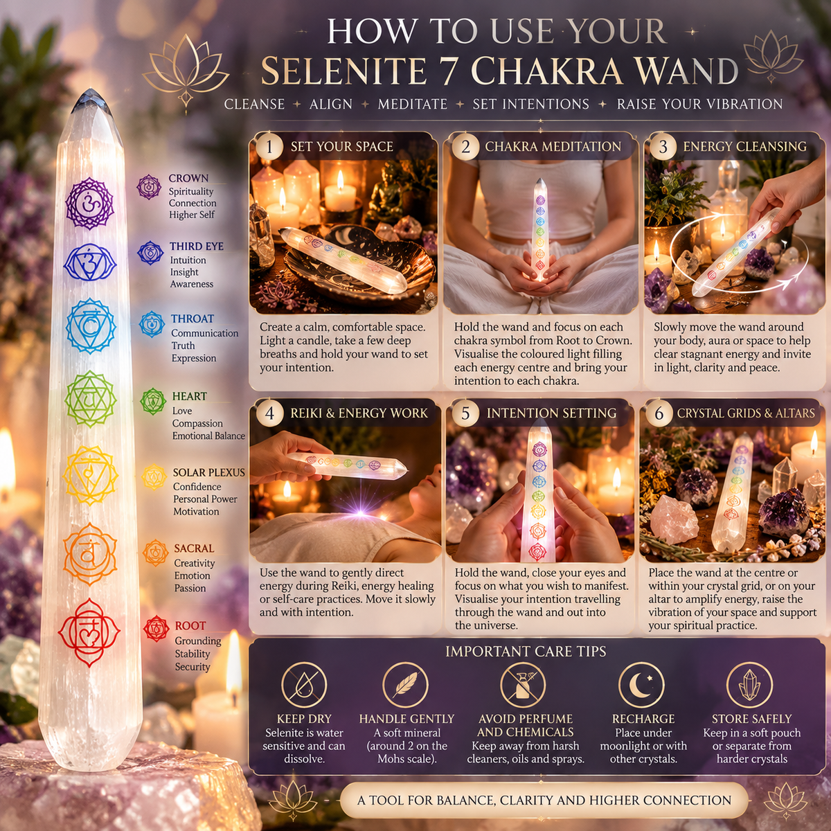 Selentine Wand etched 7 Chakras