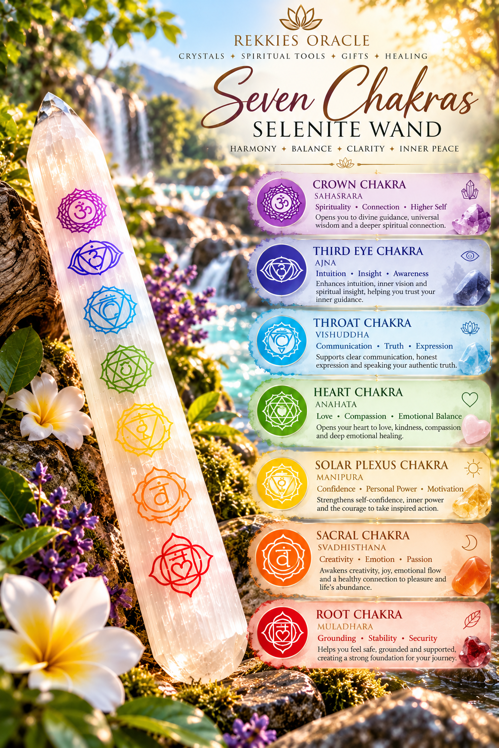 Selentine Wand etched 7 Chakras