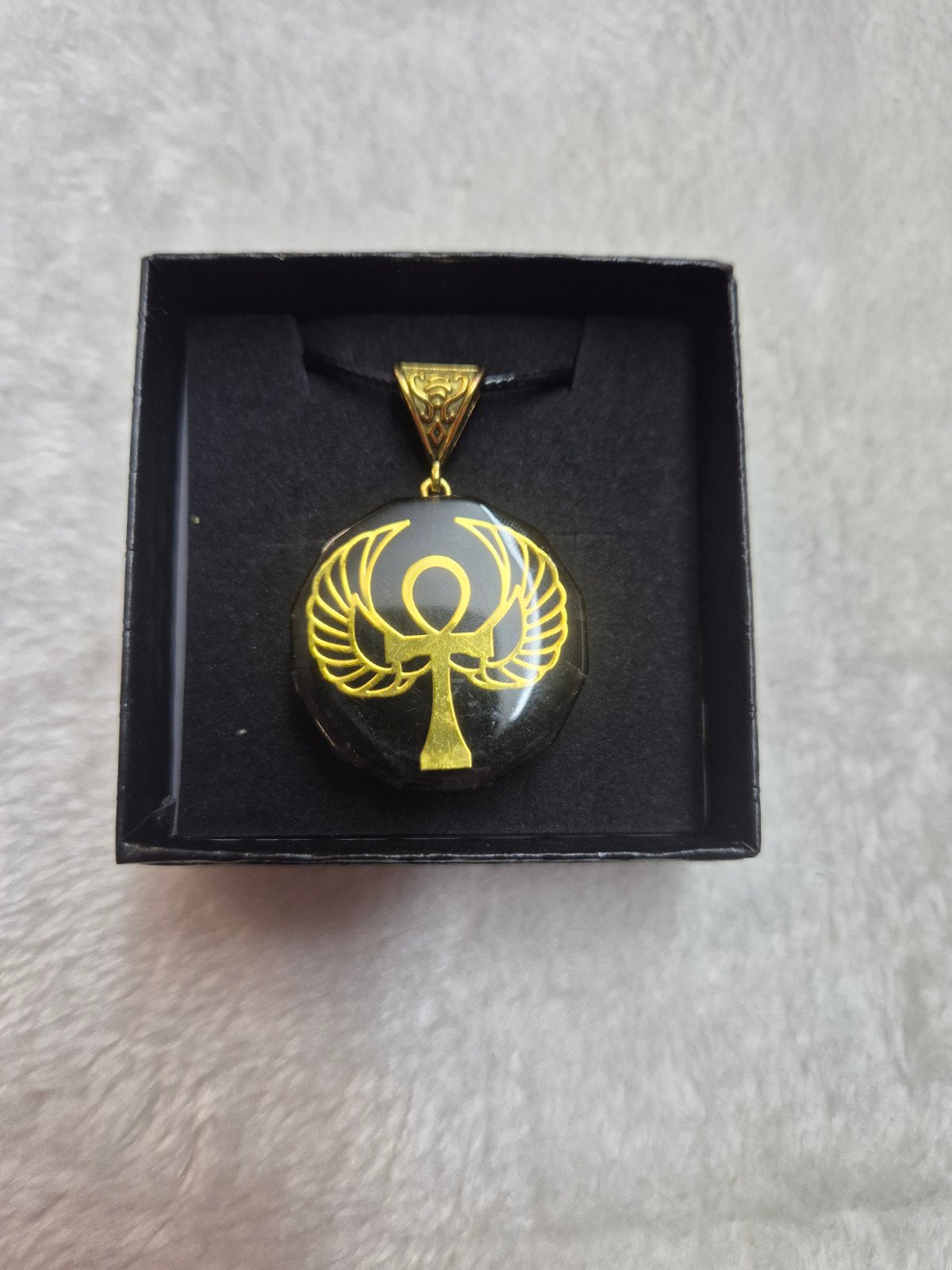 Winged Ankh Black Crystal Pendant & Chip Bracelet Gift Set